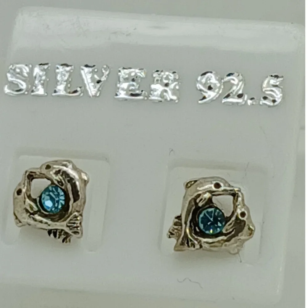 Sterling Silver 925 Dolphin Stud‎ Earrings Blue Crystal Nautical Vintage Jewelry